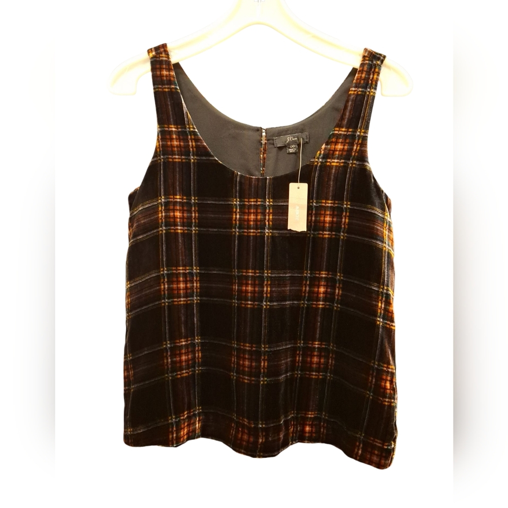 "J. Crew" NWT, Black, red,and green, Plaid Sleeveless Top. Viscose & polymide...